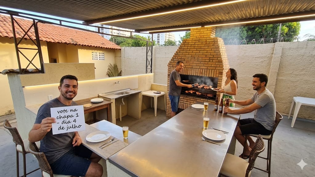 Sócio convidando ao voto na Chapa 1 no novo espaço da churrasqueira