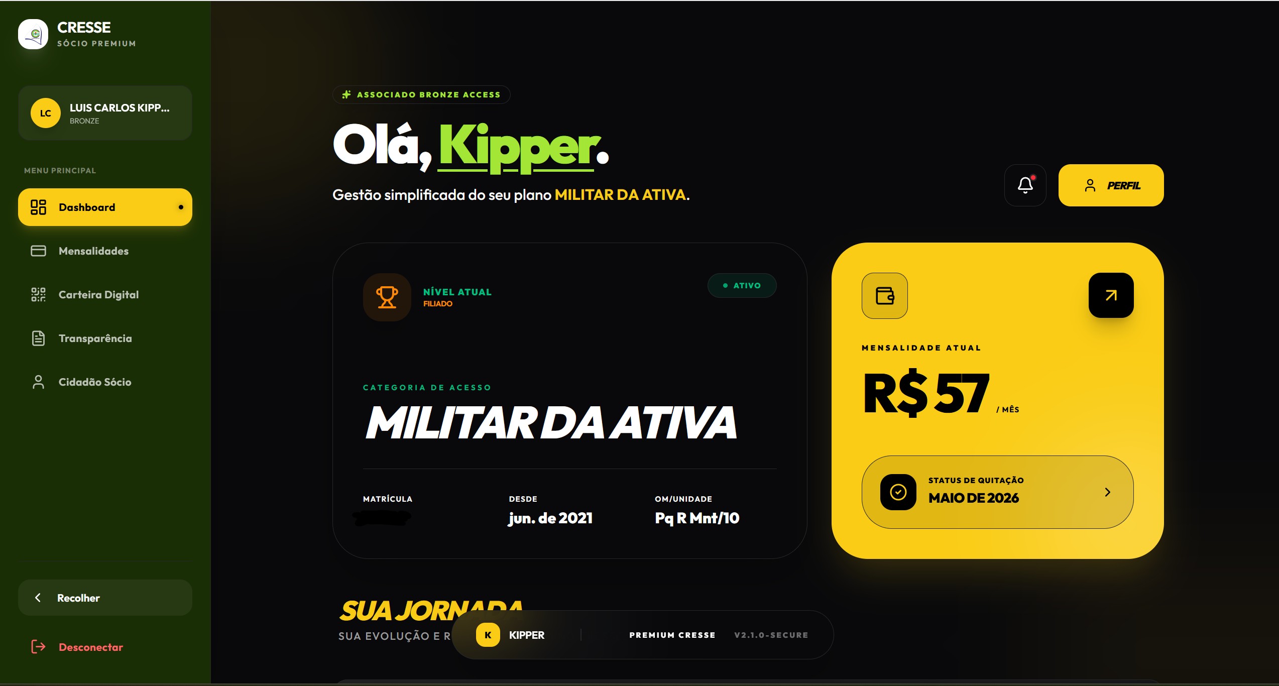 Dashboard do sócio com plano, mensalidades e transparência