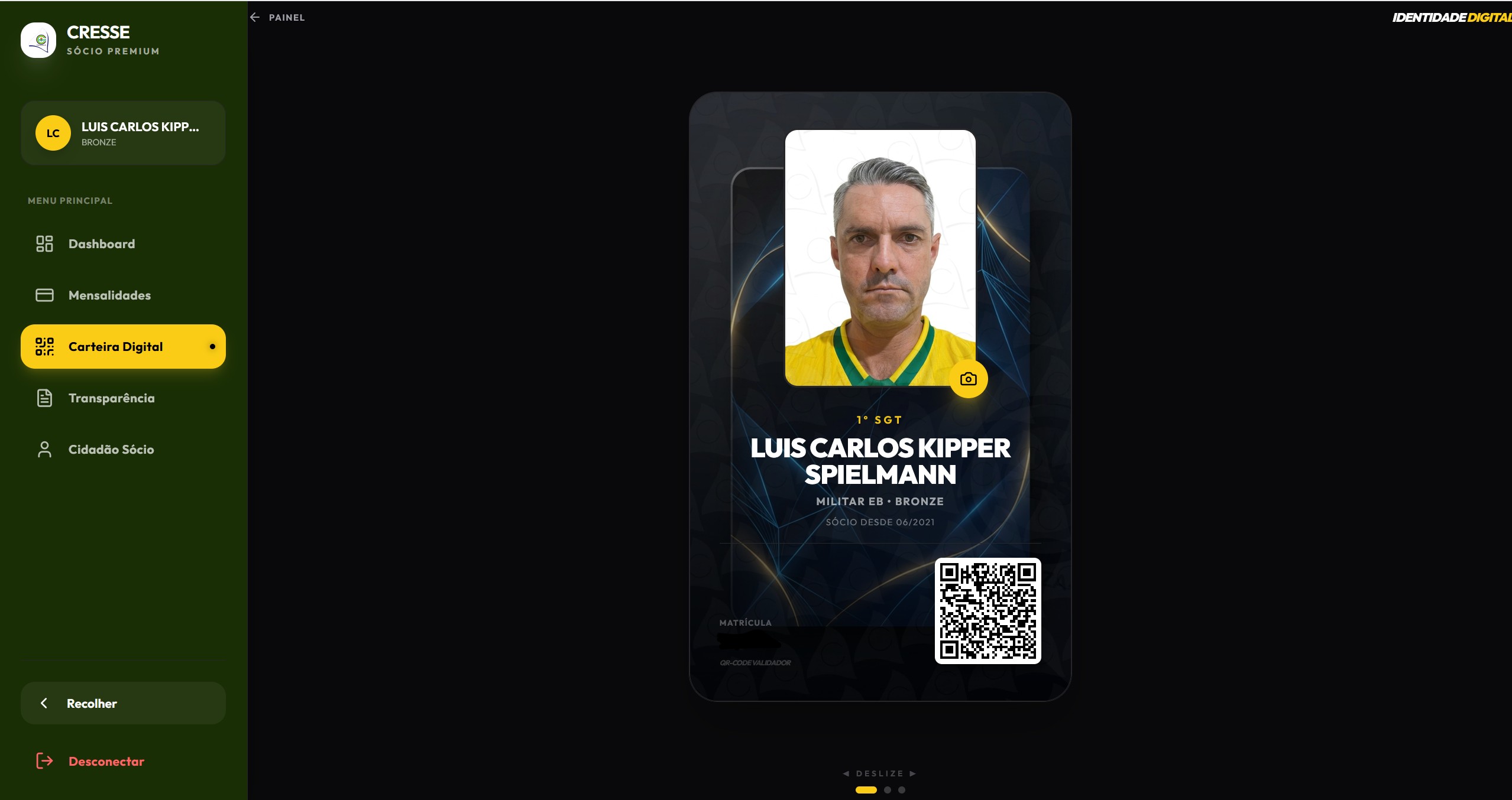 Carteira digital do sócio com QR Code validador